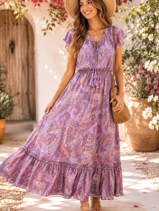land of the free Dresses & Skirts - Land of the Free Lavender Paisley Boho Maxi Dress Size L Flutter Sleeve A-128